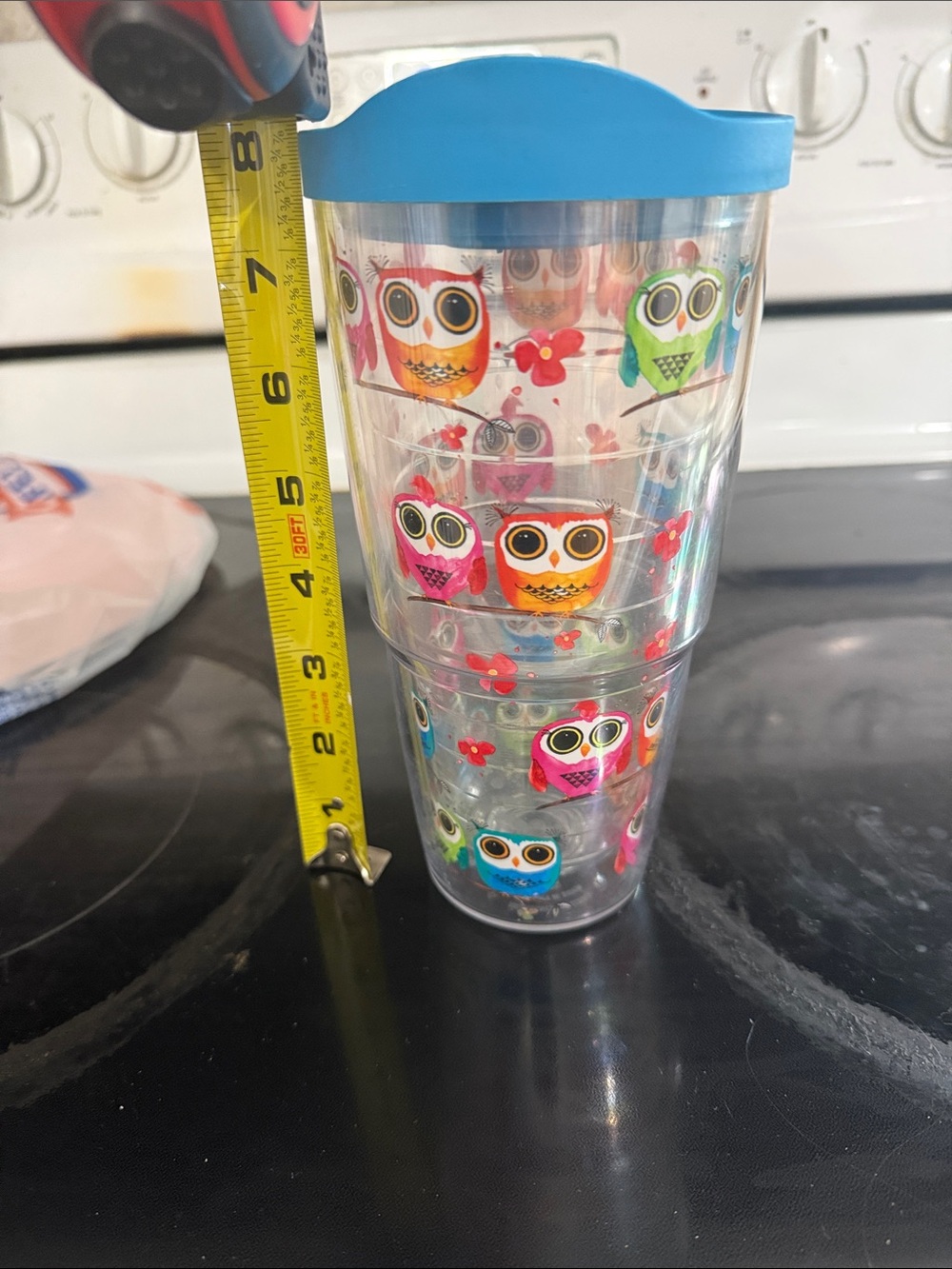 tervis Clear Tumbler with Blue Lid and Multicolor Owl Design
